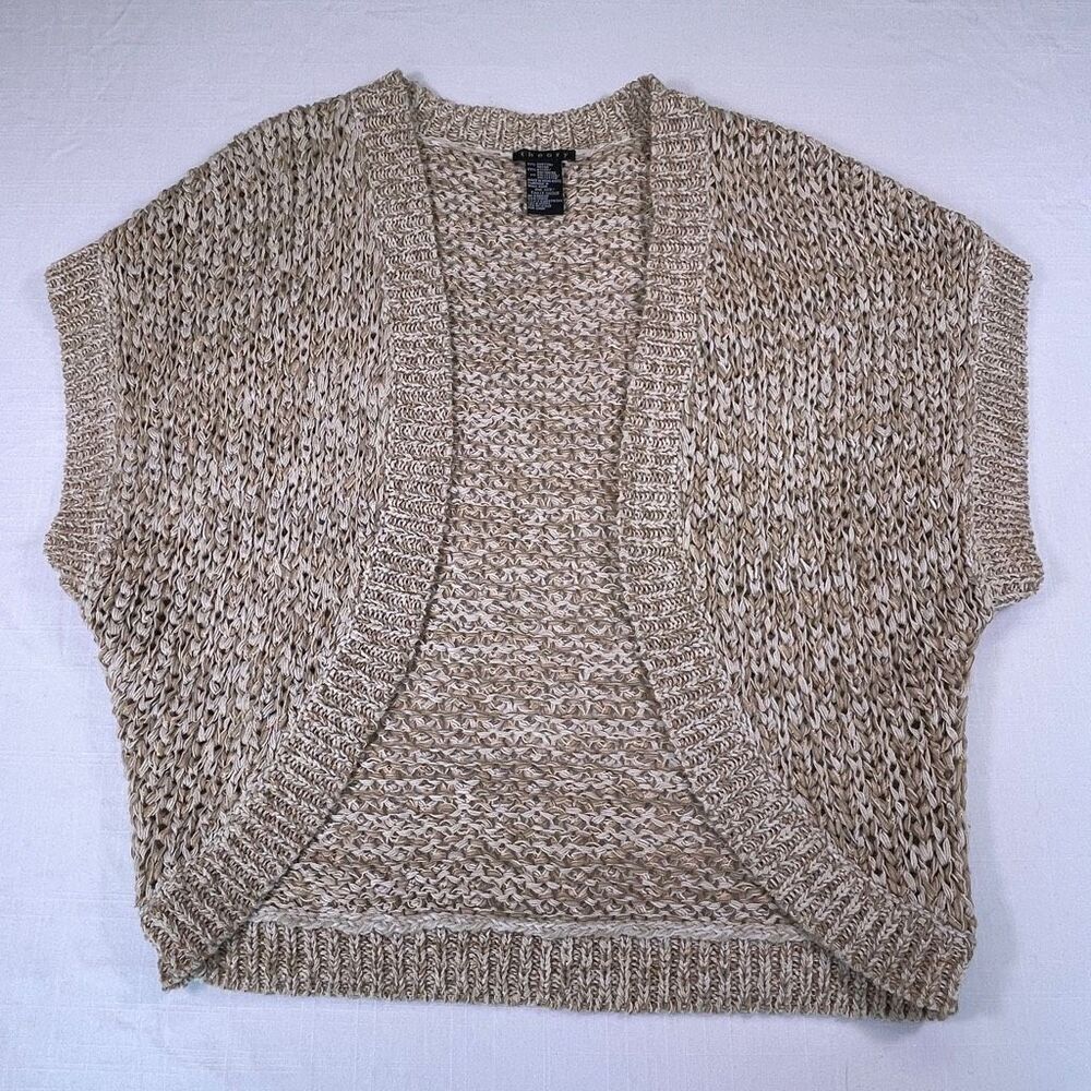 Theory Beige Metallic Thread Knit Open Front Cardigan Shrug Sweater One Size